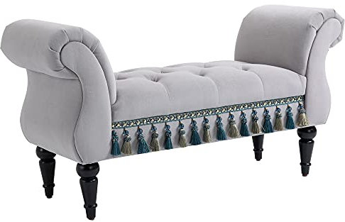 HOMCOM Sitzbank Polsterbank mit Samt-Bezug, Armlehne Bettbank mit Holzrahmen, Schuhbank für Schlafzimmer, Wohnzimmer, Flur 117 x 40 x 58 cm Hellgrau