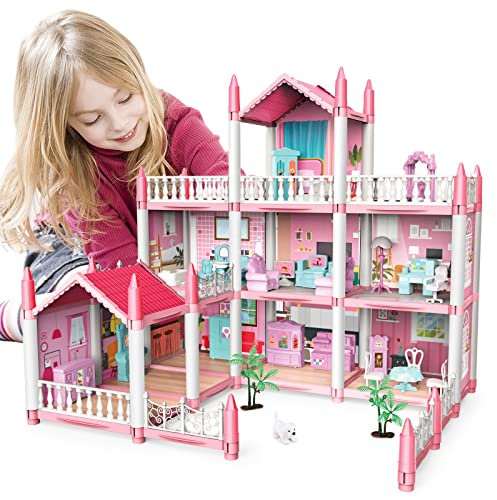 deAO Maison de Poupée - 3 étages, 9 Chambres, Jeu de Construction Rose, Accessoires et Meubles pour Maison de Poupée, Cadeau pour 6 7 8 9 Filles et Jeunes Enfants