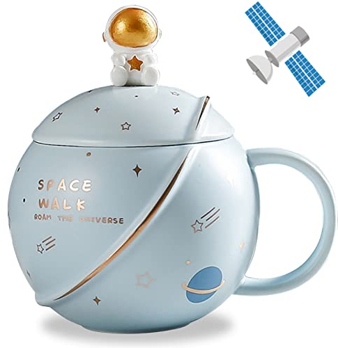 Söt keramisk rymdmugg, kawaii, astronaut-kaffekopp, roliga muggar med lock och sked, personliga koppar för kaffe, te och mjölk, mors dags-gåva, födelsedagspresenter för kvinnor/barn, 400 ml (ljusblå)