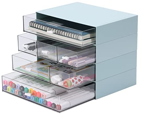OSteed Desk Tidy Organiser with 7 Drawers, Makeup Storage Drawers, Blue | Acrylic, Cosmetic Box, Small Beauty Storage Units, Art Craft, Medical Drawer, Kitchen Storage & Organisation, Bedside Trays