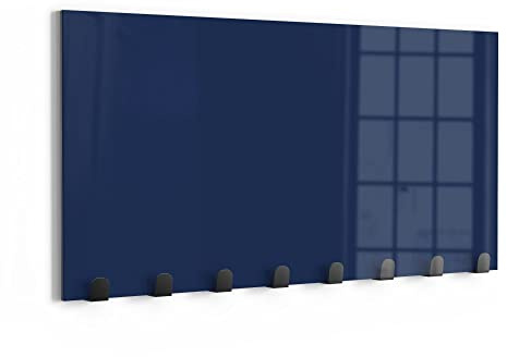 DEQORI - Appendiabiti da parete in vetro e metallo, tinta unita, blu scuro, 60 x 30 cm, design moderno, pannello appendiabiti per corridoio, soggiorno e camera da letto, magnetico e scrivibile