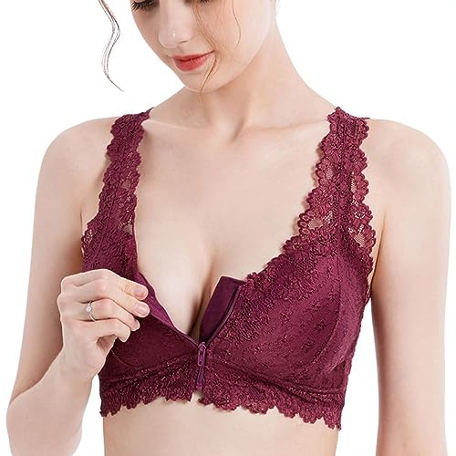 Mastektomi-bh For Kvinnor Efter Operation Med Fickor Avtagbar Kudde Bralett Spets Frontstängning Dragkedja Trådlös Bysthållare Bandeau Postoperativ Bröstprotes Daglig BH (Color : Red, Size : XL/X-La