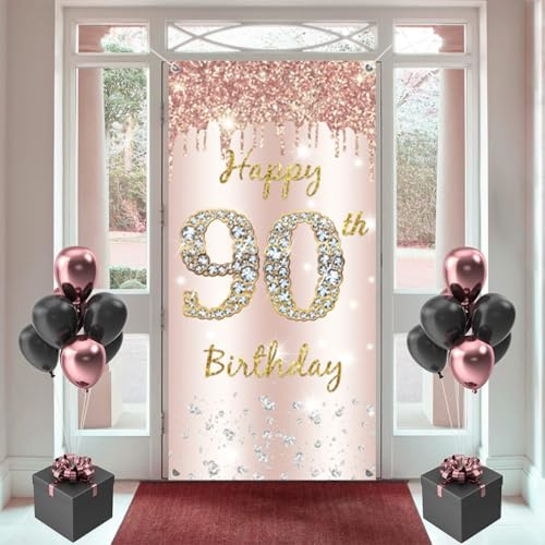 90. Geburtstag Deko Frauen, Happy 90th Birthday Door Banner Roségold Stoff Schild Plakat Türdekoration, 90. Geburtstag Hintergrund Banner Damen, Geburtstagsfeier Willkommensschild