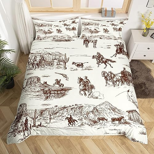 Homemissing Vintage Western Cowboy Bedding Set Galloping Horse Duvet Cover for Boys Girls Western Comforter Cover Sketch Style Bedspread Cover Breathable Bedding Collection 2Pcs Single