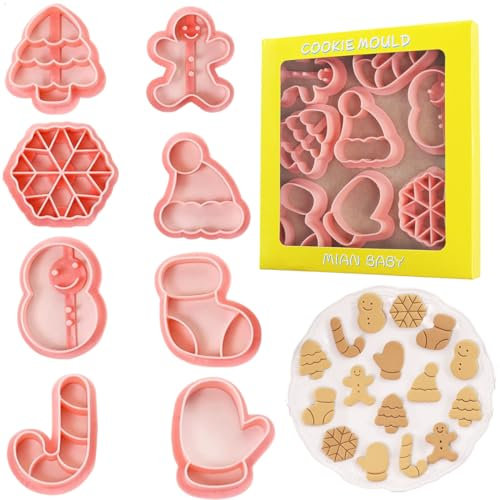 Lot de 8 emporte-pièces de Noël en plastique pressable pour biscuits de Noël, arbre de Noël, bonhomme de neige, bonhomme en pain d'épices, gants de canne, chapeau de bas pour la cuisson de biscuits