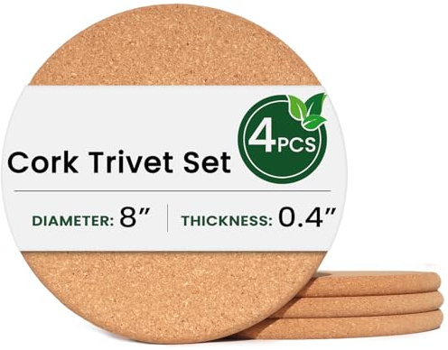 KITWILD High Density 8 Inch Thick Cork Trivets for Hot Dishes, Plates, and Kitchen Countertops, Fine Particle Heat Resistant Round Cork Coaster, Cork Placemats Cork Pads for Hot Pots and Pans, 4 Pcs