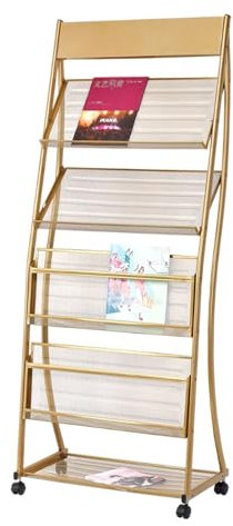 Prospektständer Bodenstehender 4-Lagen-Ständer mit Rädern, Broschürenständer, Informationsständer aus hochhartem Metall, mobiler Zeitungsständer for Werbezwecke zeitschriftenständer (Color : Gold)