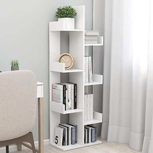 homiuse Bücherregal Baumförmige 8 Fächer Bücherregal Regal Wand Regal Schmal Standregal BüCherregal Holz Buchregal WüRfelregal 48x25,5x140 cm Weiß BüCherschrank Holzwerkstoff