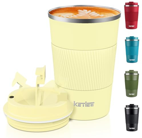 KETIEE Coffee Mug to Go, 380 ml Thermal Mug, Coffee-to-Go, Double-Walled Travel Mug, Vacuum Insulated Mug with Leak-Proof Lid for Coffee and Tea, Milk Yellow