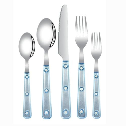 Royal Shang Youpin Ensemble De Vaisselle en Argenterie À Poignée Transparente Givrée, Ensemble De Couverts en Acier Inoxydable 18/10, Couteau De Table À Steak, Fourchette (Bleu,5 pièces)