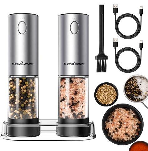 ThermoMaven Electric Salt and Pepper Grinder Set, 110ml Larger Rechargeable Automatic Salt and Pepper Mill Grinder with 6 Adjustable Coarseness, Electric Salt and Pepper Shakers, LED, 2 Packs, Black