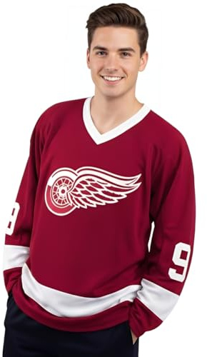 Howe Detroit Red Wings Eishockey 9 Trikot Ferris Bueller Day Off Kostüm Replica Shirt, Rot/Ausflug, einfarbig (Getaway Solids), XL