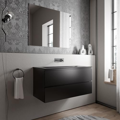 BERNSTEIN Badmöbel-Set Ava 100cm bestehend aus Mineralguss-Waschbecken mit Unterschrank in Schwarz matt, Waschtisch CREAM - Schwarz matt ohne Hahnloch, Ideal für mittelgroße Bäder und Badezimmer