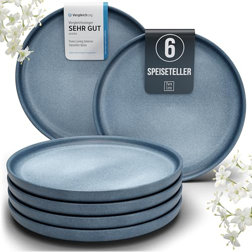 Steingut Teller groß 6 Pers. Hochwertiges Urban Style TEST SEHR GUT Speiseteller Set - Spülmaschinen-, Mikrowellen- und Kratzfest - Stylisches Essteller Set - Pure Living in matt Blau