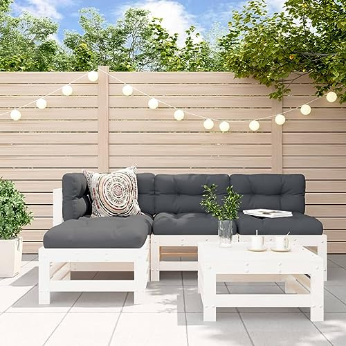 WEMYUFURN 5-TLG. Garten-Lounge-Set mit Kissen Weiß Massivholz, Outdoor-Sitzgruppe, Terrassen-Lounge-Set, Garten-Couchgarnitur - Wetterbeständig, Komfortabel - für Terrasse, Garten und Balkon