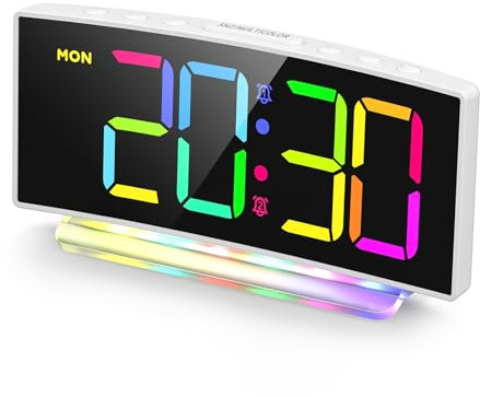HERMIC Alarm Clock, Digital Alarm Clock Bedside for Kids Mains Powered, Modern Curved Design, 7 Modes RGB Night Light, 8 Colors LED Display, Adjustable Brightness & Volume, Snooze (Incl. Adapter)