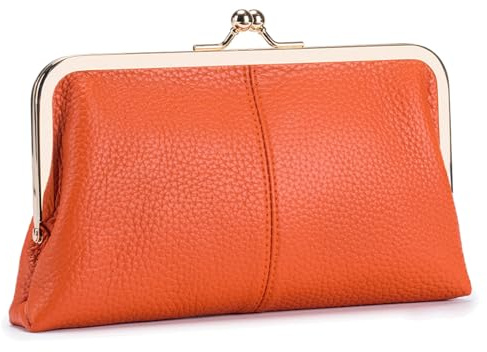 Karoukee Weiches Echtleder Geldbörse für Frauen, Vintage Style Damen Handy Geldbeutel, Elegantes Portemonnaie mit 8 Kartenfächern, Goldener Kuss-Schloss-Verschluss, Orange