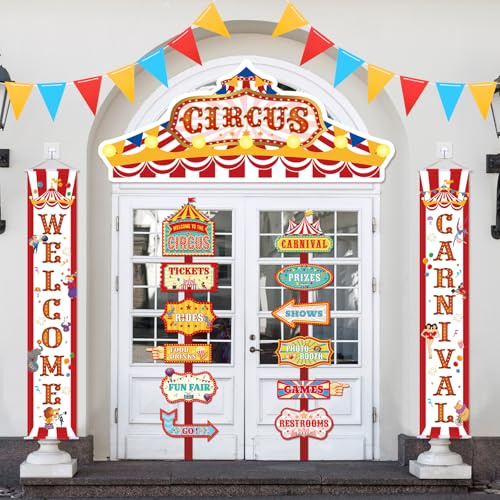 ShinyRelief 15 Pcs Circus Decorations Carnival Striped Awning Porch Banner Carnival Theme Directional Signs Welcome to the Circus for Birthday Party Supplies