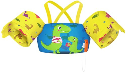 HeySplash Gilet da Nuoto per Bambini, Braccioli Galleggianti da Bambini con Peso 22-44lbs Anni 2-6, Giubbotto Galleggiante Bracciali Nuoto con Cinghia Regolabile per Bambini,Dinosauro Blu Giallo Verde