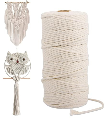Hilo de macramé de 3 mm x 200 m, 100 % algodón, hilo de algodón para manualidades tejidas, para colgar en la pared, atrapasueños, decoración de boda bohemia (beige)