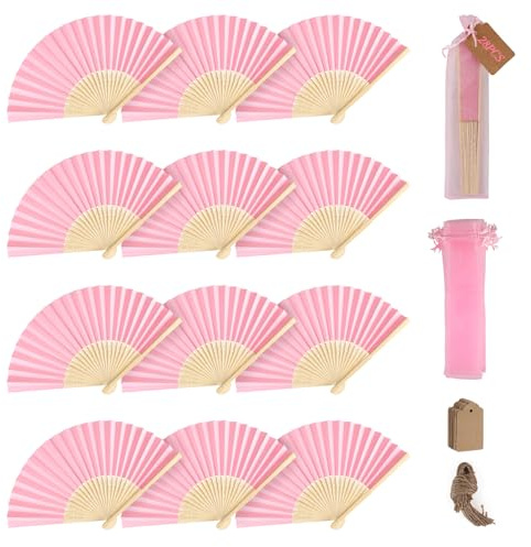 SWAWIS 28 Piezas Rosa Abanicos de Papel, Abanico Plegable con 30 Bolsas de Organza y Tarjetas de Agradecimiento, Abanicos de Bambú para Bodas Bautizos Decoraciones Fiestas DIY