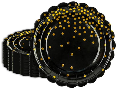 HFBOBP 50 Stück Partyteller Goldfolie Teller, Schwarz Gold Dot Pappteller Partygeschirr für Abendessen, Dessert, Hochzeit, Jubiläums, Valentinstag