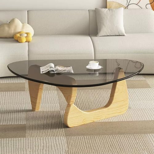 Mid Century Modern Dreieck Glas Couchtisch mit Holz Basis Grau 91x65x40cm Sofa Seite Tisch für Wohnzimmer und Balkon