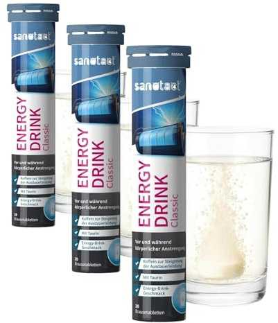 sanotact Energy Drink (20 Brausetabletten) • Taurin + Koffein + B Vitamine • Zucker- & kalorienfrei • Brausetabletten mit Koffein zur Steigerung der Ausdauerleistung • Energy-Drink-Geschmack