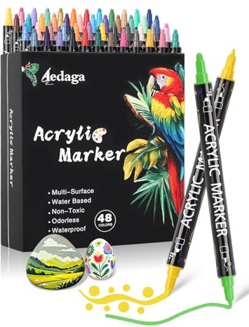 AEDAGA 48 Colours Acrylic Paint Markers, Dual Tip Acrylic Paint Pens