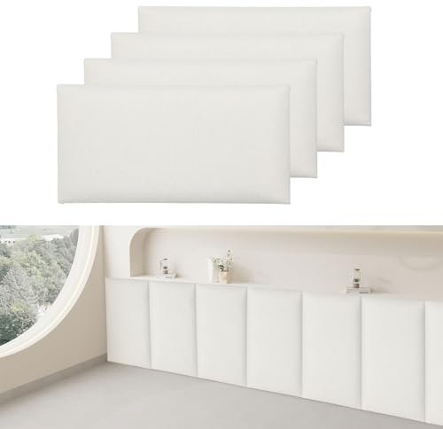 4PCS Anti Collision Wall Padding, 40 x 20cm Self Adhesive Cotton Linen Padded Wall Panels, Wear Resistant Bed Headbord Cushion for Bedroom, Hotel (White)