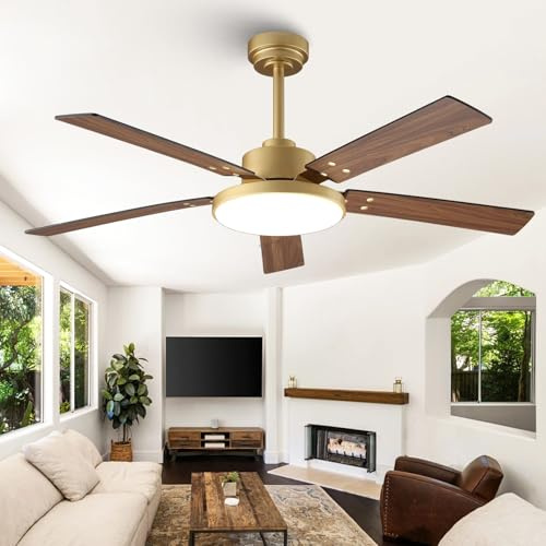 Vaczon 52 Inch Gold Ceiling Fans with Lights and Remote/APP, Modern Sleek Black and Gold Ceiling Fan, ETL Listed, Indoor Outdoor Smart Black Ceiling Fan for Bedroom Living Room Patio, 3CCT, 6 Speeds