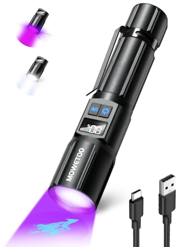 MOWETOO Linterna Recargable - Linterna LED UV 2 en 1, Luz UV de 395nm con Zoom y 5 Modos con Pantalla Digital LCD para Examen de Orina de Mascotas, Control de Billetes, Uso Exterior