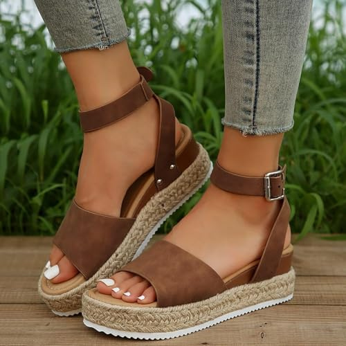 Generic Women's Brown Platform Espadrille Wedge Sandals, Size 5 UK, Ankle Strap, Open Toe, Mid Heels, Flatform, Beach Shoes