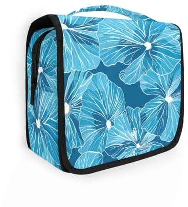 Bold Line - Bolsa de maquillaje para mujer, diseño de hojas de geranio cian, con gancho para colgar, portátil, bolsa de afeitado para hombre, vertical, independiente