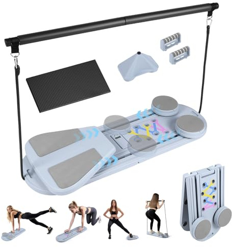Pilates Board Set at Home with Automatic Rebound and Timer Counter- Full Body Sculpting Fit Kit - Durable Pilates Board for Unisex-Adult, Home and Gym Us,With Ab Roller, Horizontal Bar, Knee Pads Grey