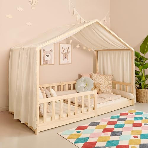 Mooskind Hausbett Himmel – Aus weichem Musselin in 7 Farben – 100% Bio-Baumwolle – Traumhafte Hausbett Deko & Himmelbett Vorhänge – Made in Europe mit Liebe