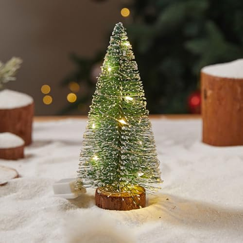 Mini Árbol de Navidad con Luz LED Artificial Árbol de Navidad con Bases De Madera Decoración Navideña para Escritorio Regalos Navideños Amarillo Cálido