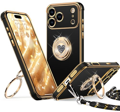 XYZ for iPhone 17 Pro Case with Stand, Black | Phone Case with Lanyard for Women Girls, Heart Double Ring Holder, Bling Luxury Protective Phone Case