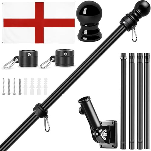 Flag Pole Kit,Flag Poles for Garden,1.8m/6FT Adjustable Wall Mounted Flagpole with Stainless Steel Mounting Bracket,Flags Pole Set for House Garden Yard Outdoor Fence (With England Flags 5ft x 3ft)