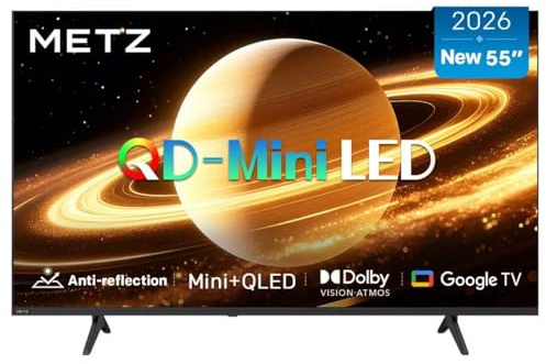 Metz Mini LED Smart TV 55 Pouces (139 cm), QLED, 4K Television Google TV Local Dimming Écran Mat Anti-reflet Dolby Atmos MEMC HDR 10+ Bluetooth DVB-T/T2/C/S/S2 CI+ (MNH7000Z, 2026 Nouveau Modèle)