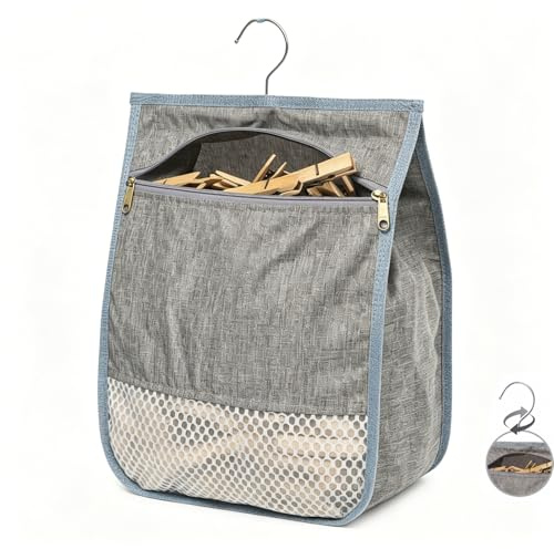 Admygo Peg Bag for Washing Line, Large 30 x 23 cm Clothes Peg Bag with Hook & 360° Rotation, Durable Peg Basket with Zipper, Washable Hanging Storage for Pegs Indoor Outdoor (Grey)