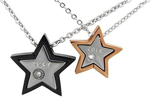 Hanessa 2 Stück Personalisierte Kette mit Gravur Edelstahl 45 cm mit Anhänger Stern mit Datum in silber schwarz gold - Personalisierte Geschenke für Damen Herren Freundin Freund - Partner Halskette