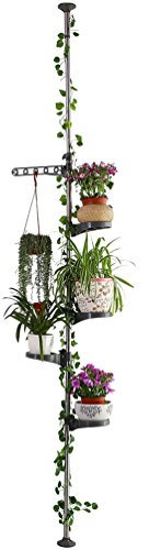 BAOYOUNI Support de Pot Fleur Interieur Téléscopique Porte Plante avec 4 Plateau et 1 Crochet de Suspension, Réglable en Hauteur 175-235 cm ou 230-290 cm, Deco pour Salon, Chambre, Bureau, Balcon