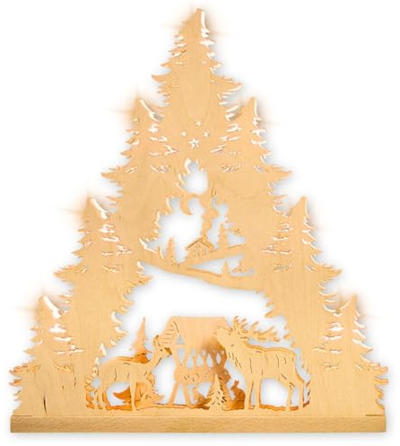 weigla - Lichterspitze original Erzgebirge I Motiv Hirschfamilie I LED Lichterbogen Weihnachten I 7 Lampenkerzen + 1 Ersatzlampe I 7 x 34 V, 0,2 W, E10 I beleuchtete Weihnachtsdeko innen I aus Holz