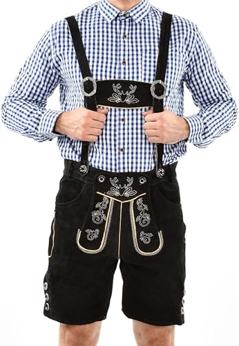 ALESSANDRO SALVARINI Herren Lederhose Tracht (Gr. 46-60) mit Träger - 100% Echtleder, Trachtenlederhose Kurz Oktoberfest Männer - AS-180 (52, Schwarz)