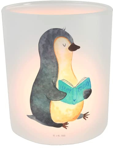 Mr. & Mrs. Panda Windlicht aus Glas Pinguin Buch - Geschenk, Nichtstun, Teelichthalter, Ausruhen, Freizeit, Outdoor, stimmungslicht, Urlaub, Kerzenhalter, Pinguine