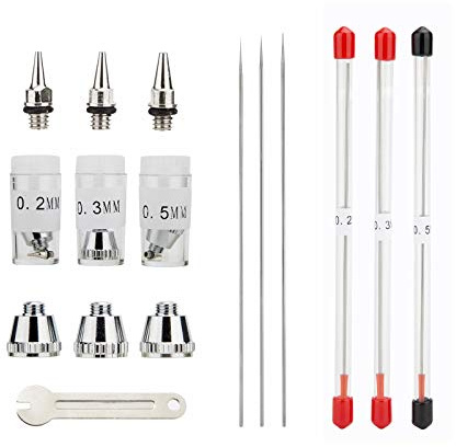 Uouteo 0.2mm, 0.3mm, 0.5mm Airbrush Nozzles Needles and Nozzle Cap Replacement Parts for Airbrush Spray Gun wit Little Wrench