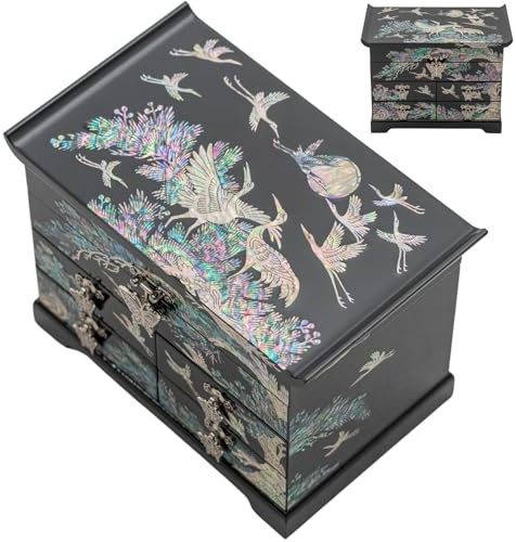 February Mountain Boîte de rangement à bijoux en bois nacré pour femme, avec tiroirs spacieux, idéale pour bagues, bracelets, montres, chaînes, accessoires (fleurs colorées)