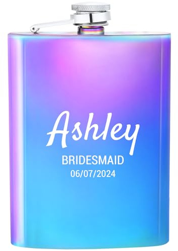 Lot de 1 flasque personnalisée pour femme, 8oz/227ml, en acier inoxydable gravé pour demoiselle d'honneur, flasque personnalisée pour fête de mariage, cadeau d'anniversaire (multicolore)