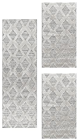 SIMPEX Bettvorleger Schlafzimmer Teppich Bettumrandung 3 Teilig Läufer Flur Küchenteppich Bettläufer Boho Stil Skandinavisches 3D Design Kurzflor Soft & Extra Weich Farbe: Grau
